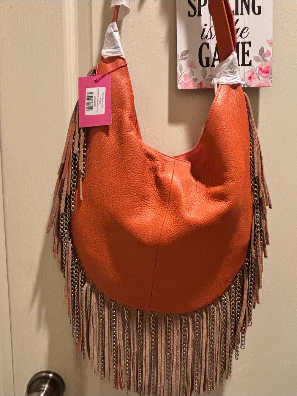 Sassy Jones Vibrant Orange Fringe Shoulder Hobo - Picture 4 of 4